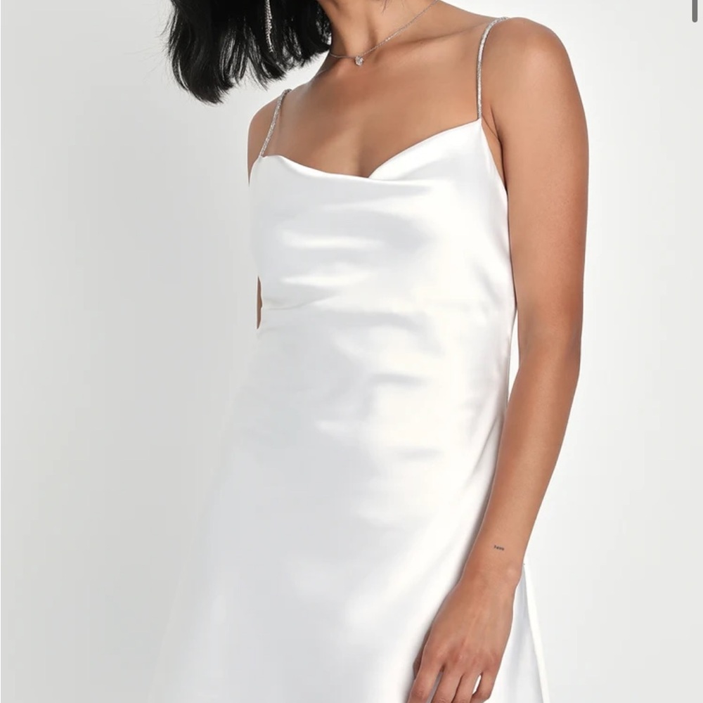 Lulu's White Sparkle White Satin Rhinestone Strap Mini Dress